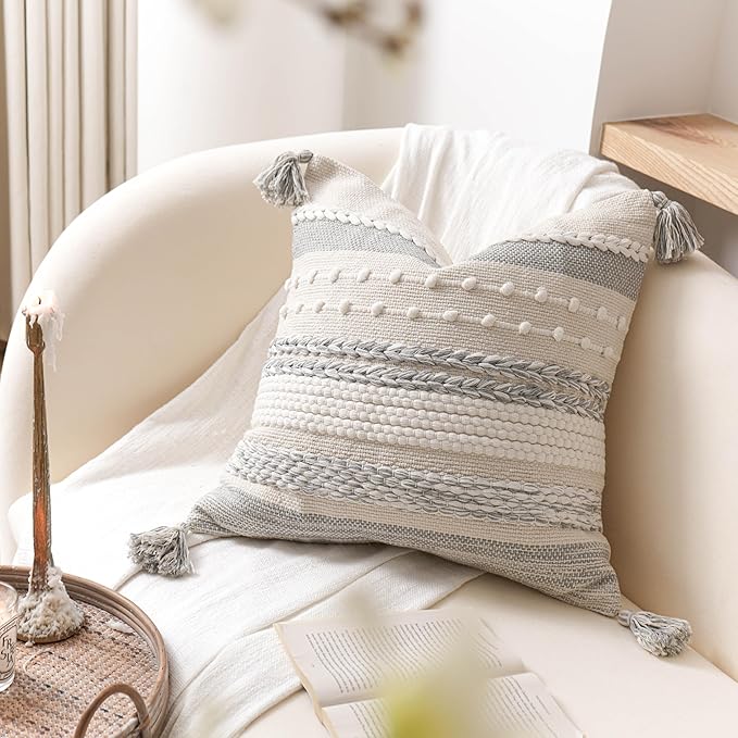 BlissBlush Gray Boho Decorative Throw Pillow Cover 20x20 Square Farmhouse Accent Cushion for Couch Sofa Livingroom Bedroom Pillowcase Modern Home Décor (Pack of 1)