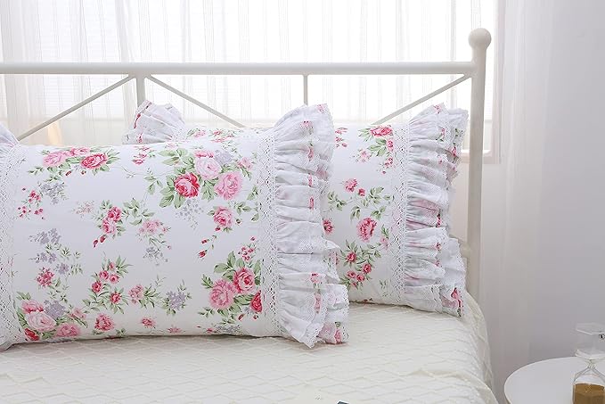2-Pack Rose Floral Print Pillow Shams with Lace Ruffles Shabby Chic King Size Pillowcases 20" x 36 "Country Vintage Style