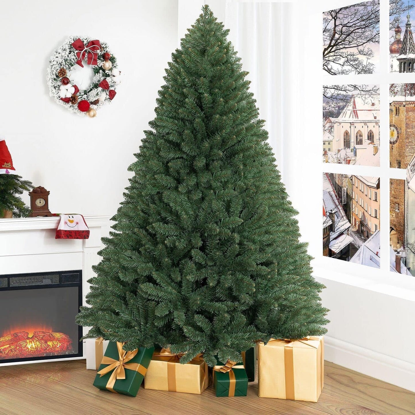 Prague 6.5ft Prelit Artificial Christmas Tree with Foot Pedal, 1197 Branch Tips, 450 Warm Lights and Metal Stand, 49" Wide Realistic Spruce Christmas Tree with Lights by Naomi Home