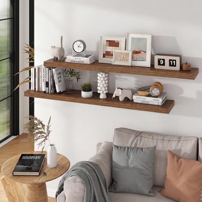 55 inch Floating Shelves for Wall, 9.3in Deep Walnut Shelves Wall Mounted Floating Shelf, Extra Long Wall Shelf for Living Room, Kitchen, Office, Floating TV Stand, 2 Packs