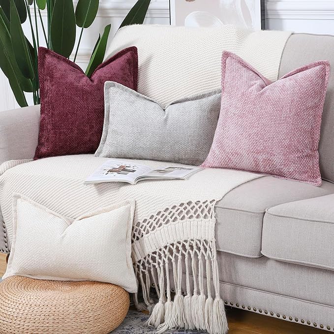 MADIZZ Decorative Chenille Velvet Throw Pillow Covers Set of 2 Soft Boho Textured Neutral Couch Throw Pillow for Bed Modern Farmhouse Home Decor for Sofa Livingroom Burgundy 20x20 Inch