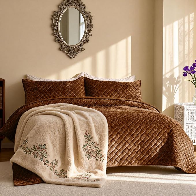 3-Piece Velvet Quilt Set Oversized King Size 120"x128" Bed Blanket Quilted Bedspread Soft Luxury Bedding with 2 Pillow Shams 20''x36'' for All-Season,Caramel