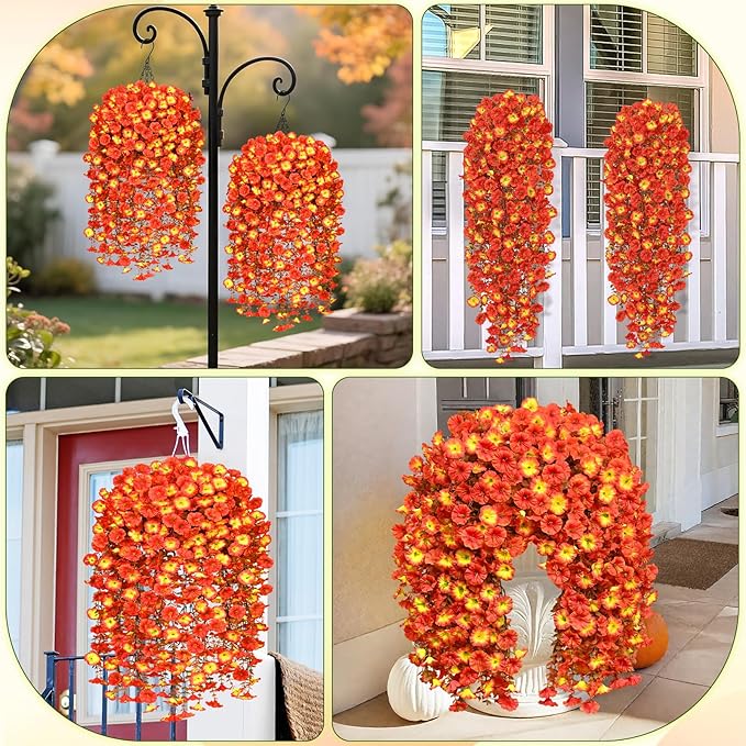 Dolicer 2 Packs Look Real Artificial Fall Flowers Mums for Outdoors, Realistic Faux Mums for Outdoor Planters, UV Resistant Fall Flowers Artificial for Decoration Front Porch (Mixed Orange)