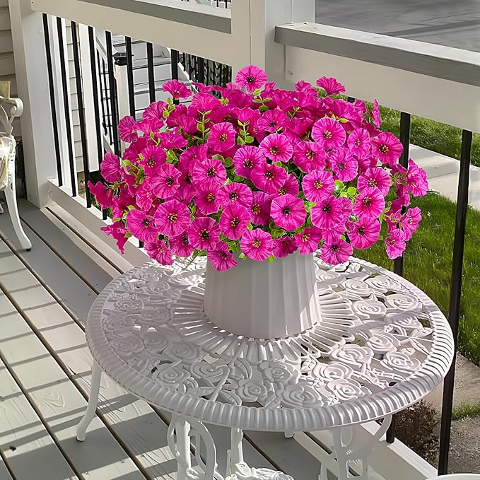Hrobek Artificial Flowers for Outdoors Decoration, 12 Bundles Fake Plastic Flower Plant, Faux Colorful Silk Morning Glory Eucalyptus for Outside Garden Porch Front Door Decor, Purple