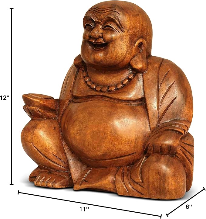 G6 Collection 12" Wooden Laughing Happy Buddha Statue Hand Carved Smiling Sitting Sculpture Handmade Figurine Decorative Home Decor Accent Rustic Handcrafted Art Decoration Happy Buddha (Large)