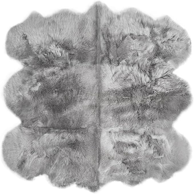 Super Area Rugs Premium Genuine Sheepskin Rug 5' x 6' Long Fur Soft & Natural Shaggy Living Room Rug, Silver Gray, Six Pelt
