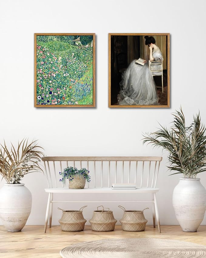 UPWOIGH 16x24 Framed Gustav Klimt Botanical Wall Art | Green Botanical Oil Painting, Vintage Italian Garden Style, Retro Moody Décor, Living Room Bedroom Accent