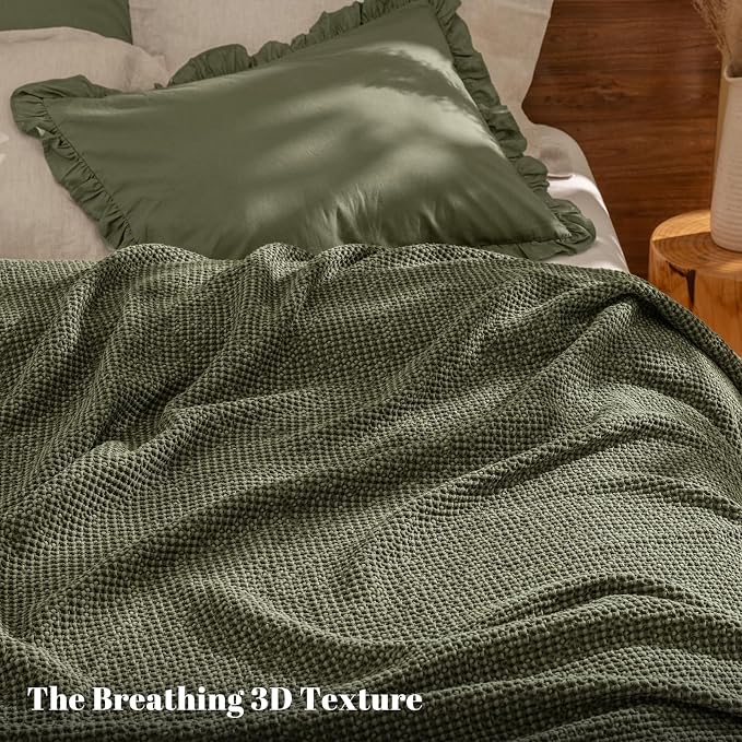 PHF Stone Washed 100% Cotton Waffle Blanket, Vintage Deep Honeycomb Texture, Breathable Thermal Blanket for Bed & Home Decor, All Season Layering - Queen, Moss