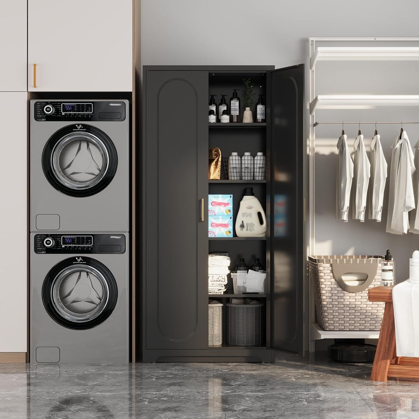 Metal Tall Black Cabinet, 71' Pantry Cabinet with Doors and 4 Adjustable Shelves, for Pantry, Laundry Room, Living Room, Dining Room