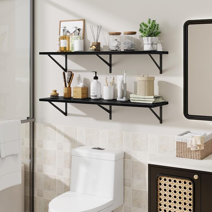 Acovy Floating Shelves for Wall,40" Wall Mounted Shelves Set of 2,Long Wood Floating Shelves,Hanging Wide Display & Storage Shelf with Metal Brackets for Bathroom,Bedroom,Kitchen,Living Room,Black