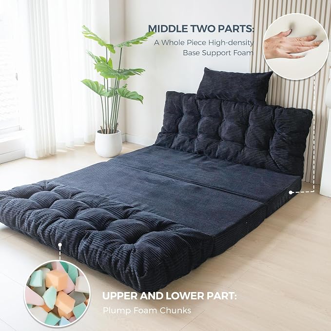 MAXYOYO Folding Sofa Bed, Tufted Bean Bag Bed with Pillows Floor Couch for Adults, Extra Thick and Long Floor Sofa, Twin Couch for Bedroom Living Room, Black, 39x91 Inch