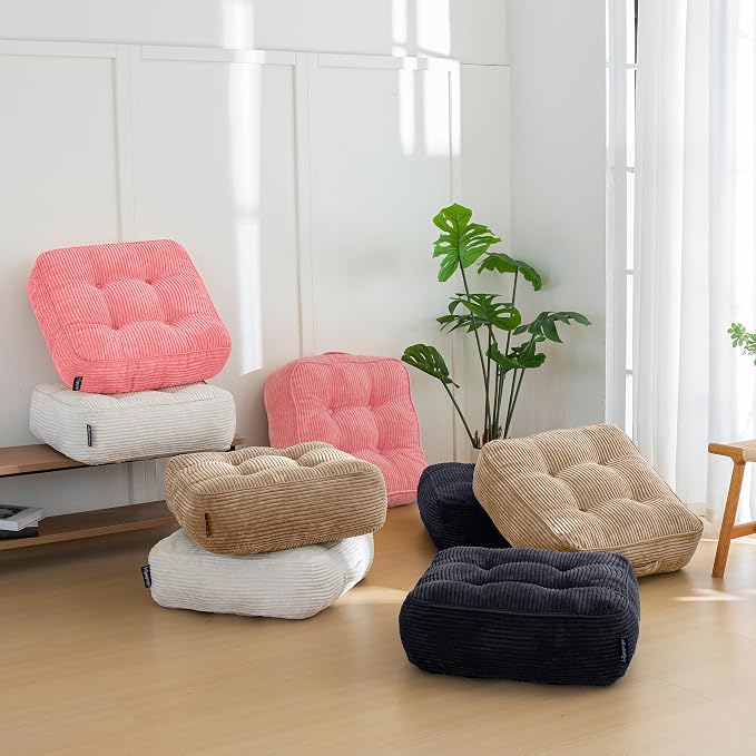 HIGOGOGO 8" Extra Thick Floor Pillow Cushion for Adults, Meditation Cushion Pillow, Large Square Floor Sitting, Tufted Corduroy Cover, for Tatami Living Room or Yoga, 22x22 Inch, 2Pack, Coffee