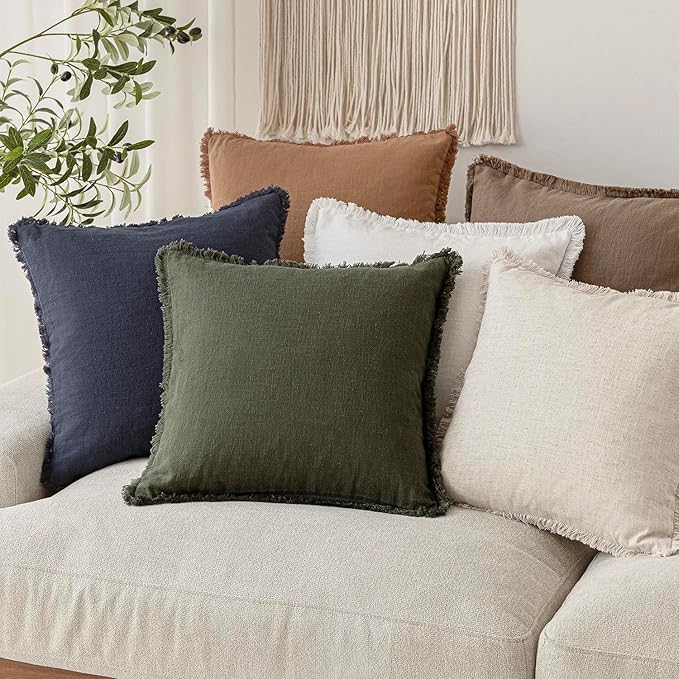 Foindtower Set of 2 Decorative Linen Fringe Throw Pillow Covers Cozy Farmhouse Cushion Cover with Tassels Accent Pillowcase for Couch Chair Sofa Bed Living Room Home Decor,20×20 Inch,Dark Olive Green