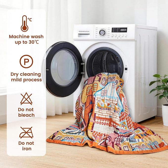 MSGKV Whimsical Roman Castle 100% Cotton Woven Throw Blanket, 50"x60" Colorful & Lightweight&Summer Breathable Art Cartoon Throw Blanket for Couch Bed, Unique Decor for Adult Bedroom, Living Room