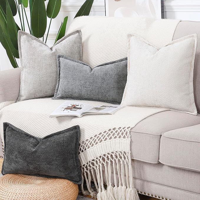 MADIZZ Decorative Chenille Velvet Throw Pillow Covers Set of 2 Soft Boho Textured Neutral Couch Throw Pillow for Bed Modern Farmhouse Home Decor for Sofa Livingroom Oatmeal 20x20 Inch