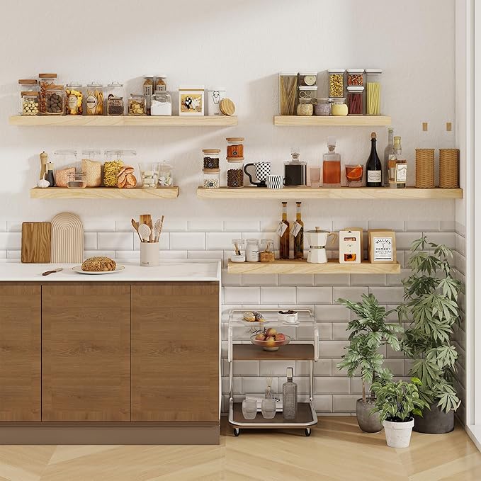 fuqing Wood Floating Shelves - 55 Inch Natural Wood Shelves Set of 1-5 Inch Wide x 9.3 Inch Deep x 1.6 Inch Thick Wall Shelves for Room Decor & Storage