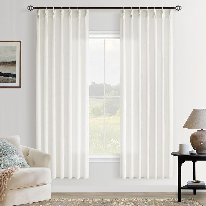 Cream Semi Sheer Linen Pinch Pleated Curtains 72 Inch Long | Beige Ivory Natural, Light Filtering Privacy, Bedroom Bay Window, Burlap Textured, Hook Rings Memory Shape, Boho Modern
