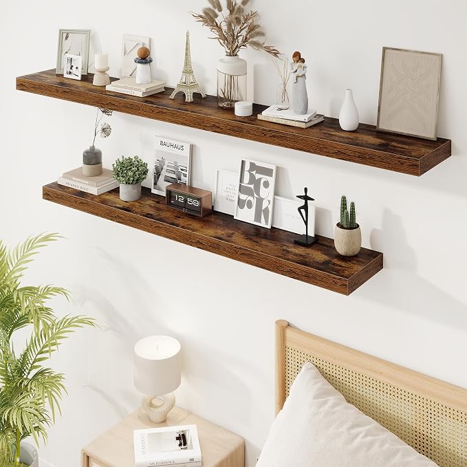 Marsmiles 55in Floating Shelves for Wall, 72" W x 9.25" D x 1.5" H, Long Wall Mounted Engineered Wood Shelves with Invisible Brackets for Living Room, Bedroom, Bathroom, Kitchen, Rustic Brown, 2Pcs
