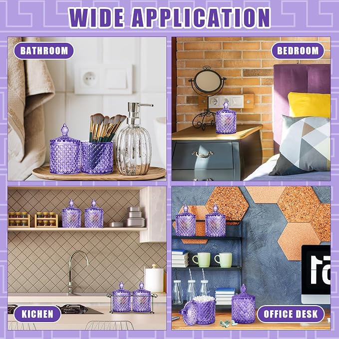 Aoriher 4 Pcs Crystal Glass Candy Jar Set with Lids Home Decorative Storage Jars for Apothecary, Bathroom, Kitchen, and Pantry, Ideal for Cotton Swabs and Jewelry(Medium,Light Purple)