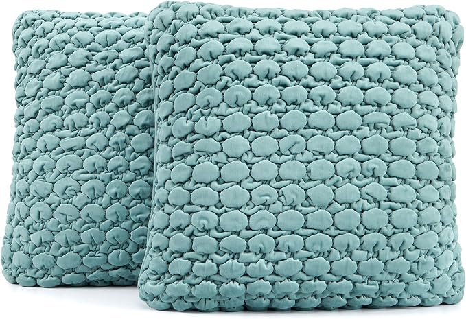 Throw Pillow Covers 18x18 Set of 2 Velvet Square Pillowcase Soft Skin-Friendly Thickened Decorative Farmhouse Cushion Covers Soft Bubble Texture for Couch Bedroom Living Room,Blue Green