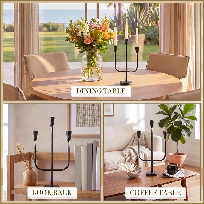 1 Pcs 16 Inch 3 Arm Metal Candelabra Cast Iron Taper Candelabra Vintage Tall Candle Holder Decorative Candlestick Holder for Wedding Antique Table Centerpiece & Mantel Decor (Black)