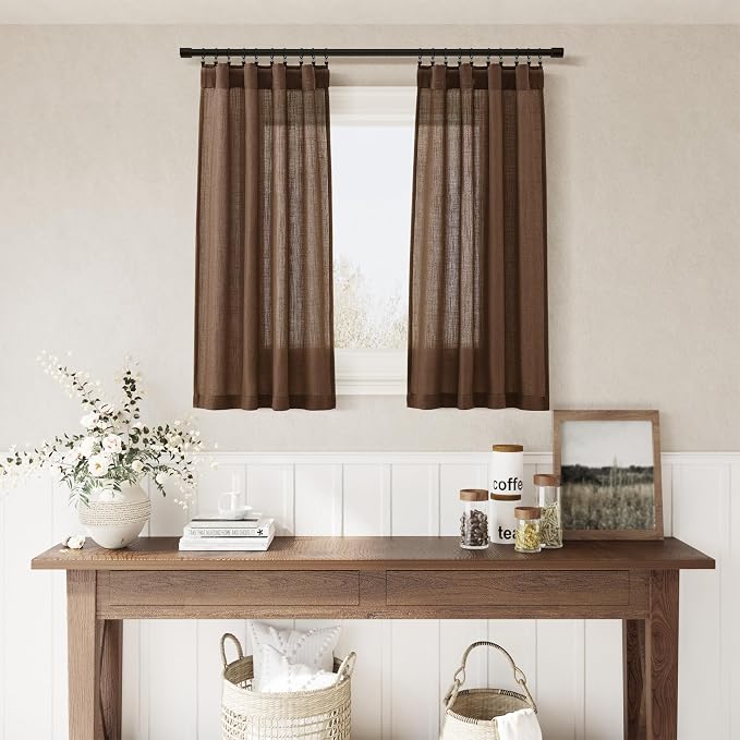 Caramel Brown Linen Kitchen Curtains 36 Inch Length 2 Pack Light Filtering Semi Industrial Style Transparent Linen Blend Short Drapes Back Tab Rod Pocket for Small Windows Cafe Bathroom 26Wx36L