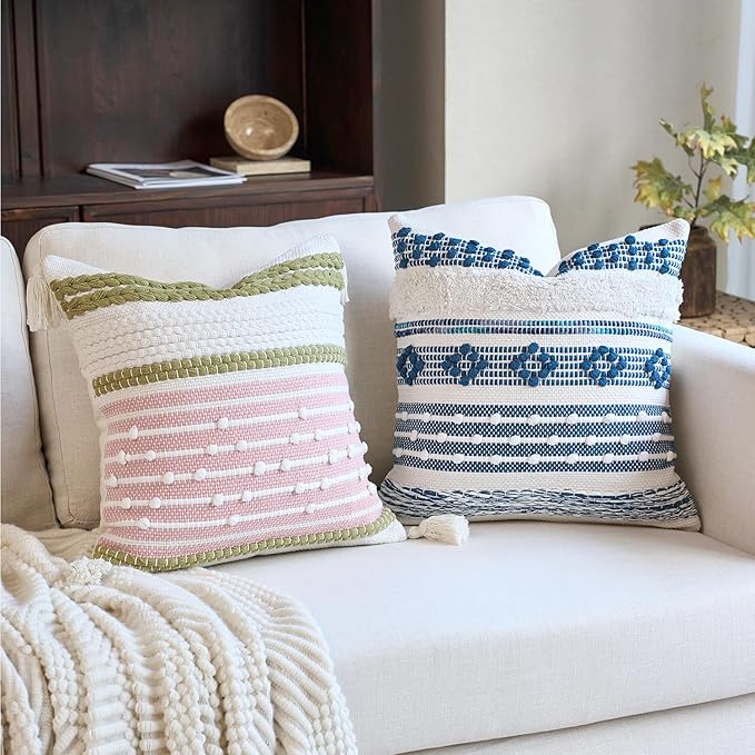 DEZENE Handmade Decorative Pillow Cover Boho Accent Woven Textured Square Throw Pillow Case for Couch Sofa Farmhouse Living Room Home Decor 18"x18" Navy Blue