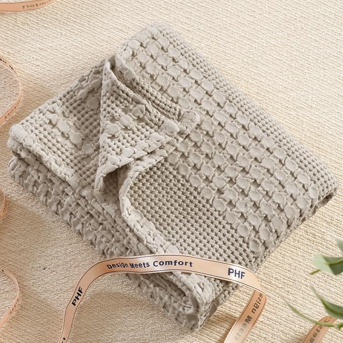 PHF 100% Cotton Waffle Throw Blanket for Couch, Lightweight Breathable and Soft for Summer, Luxury Aesthetic Waffle Weave Blanket for Home Decor & Office, Gifts for Women, 50"x60", Pearl Gray