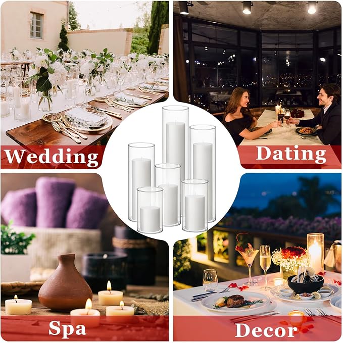 Shihanee Set of 12 Pillar Candles and Glass Cylinder Vases Assorted Sizes Cylinder Holders for Pillar Candles Home Table Centerpieces Wedding Party Decorations (White)