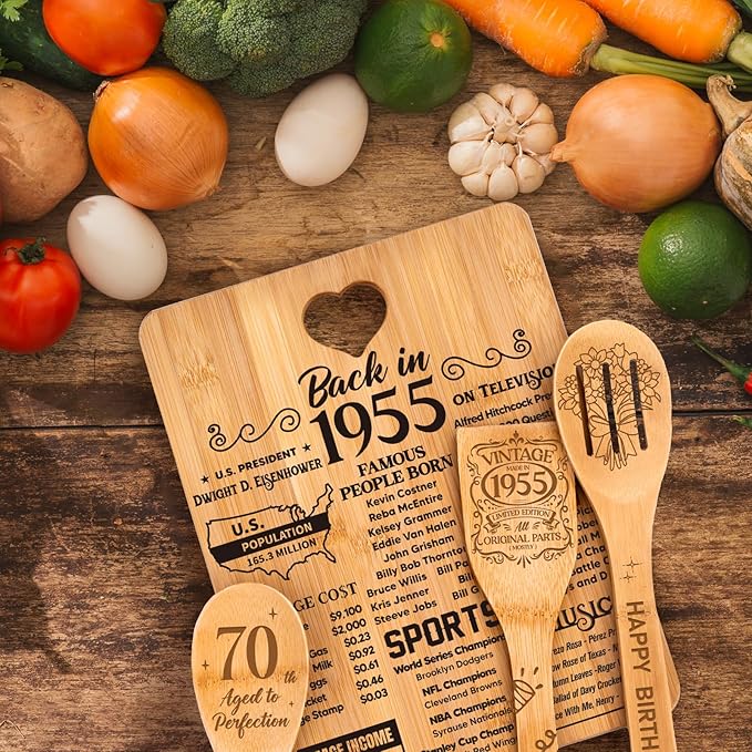 70th Birthday Gifts for Women - "Back in 1955" 70th Birthday Gifts for Men Cutting Board, Bamboo-Made Engraved "Year 1955 News" 70th Birthday Gifts