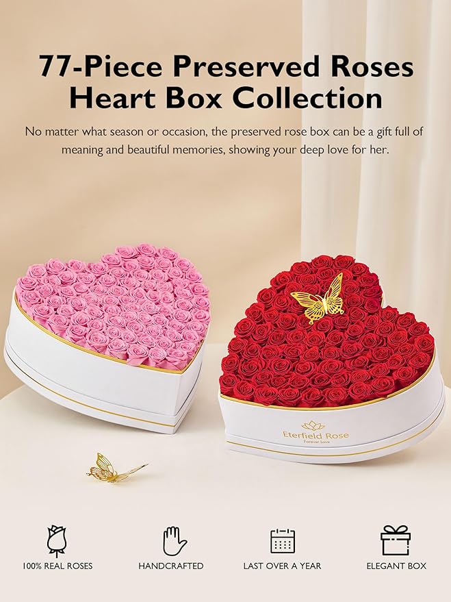 Eterfield 77 Forever Flowers in Heart Shape Box, Preserved Roses That Last a Year Preserved Flowers Birthday Gifts for Her Mom Women Wife Anniversary Valentines Day Mothers Day Christmas, Pink