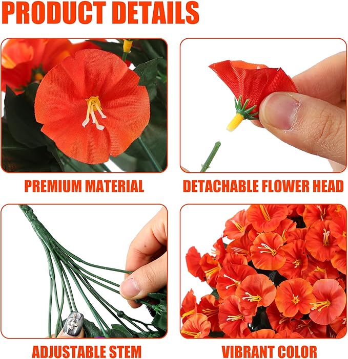 Sggvecsy Artificial Fake Hanging Flowers Plants for Outdoor Outside Spring Summer Decoration 2PCS Faux Silk UV Resistant Realistic Morning Glory Trailing Vines for Home Porch Patio Balcony(Orange)