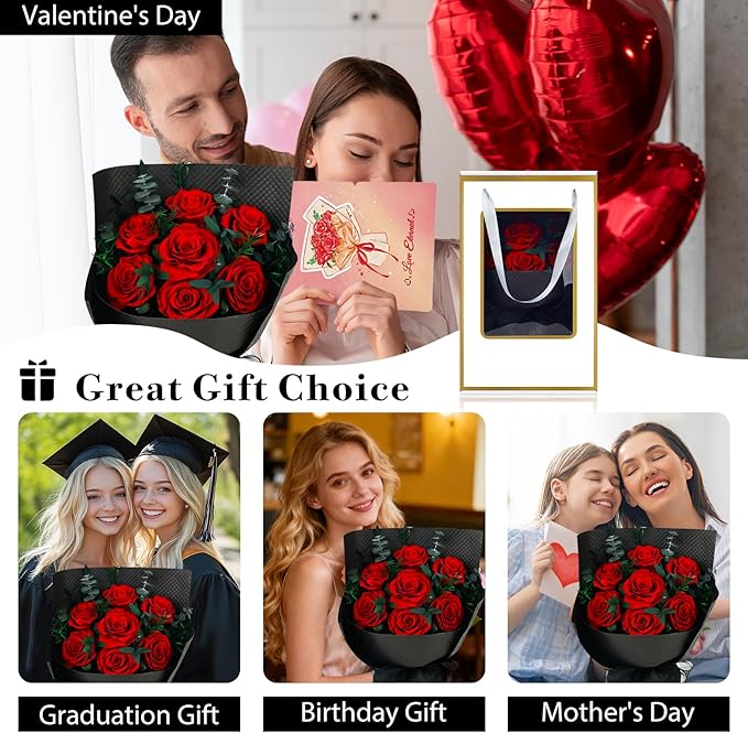 Flowers for Delivery, 7 Red Roses Preserved Flowers Bouquet with Gift Box, Forever Roses Mothers Day Gifts for Mom, Birthday Day Gifts for Women, Wife, Her, Grandma on Valentines Anniversary Proposal