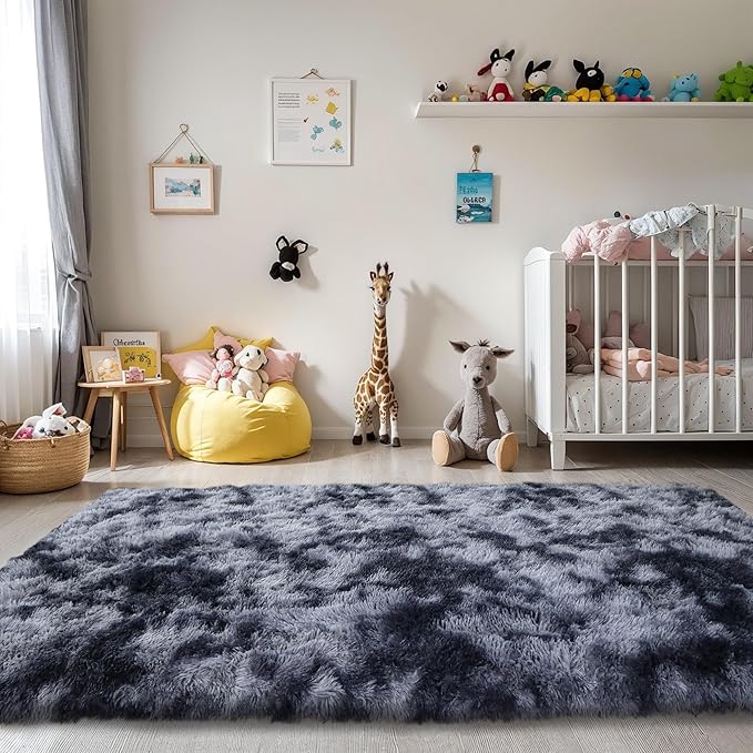 KICHOWUA Thick Area Rug Dark Grey Fluffy Shag 3x5 for Bedroom, Soft Plush Fuzzy Washable Carpet for Living Room, Non Slip Furry Floor Shaggy Rug for Kids Baby Nursery College Dorm, Tie-Dye Dark Gray