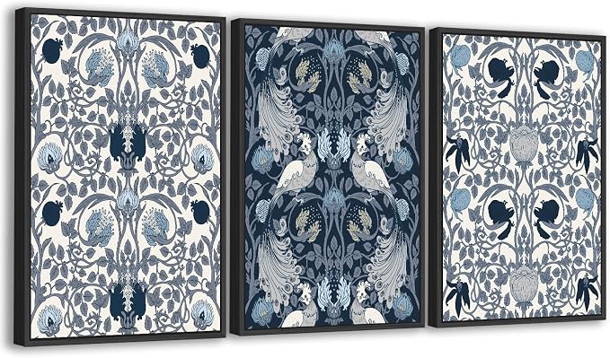 Large Framed Canvas Wall Art - Navy Blue Pictures William Morris Style for Living Room Boho Prints Flower Bird Wall Decor for Bedroom Dining Room Black Float Frame 20" X 28" X 3 Pieces
