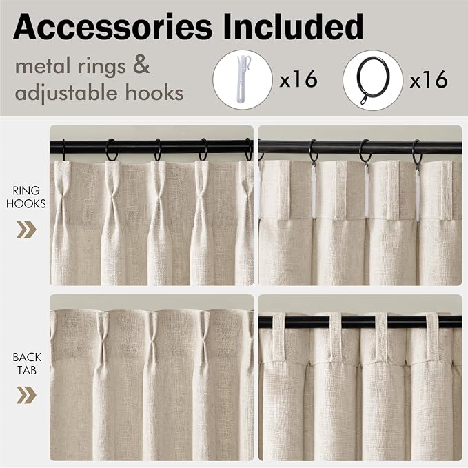 MIULEE Pinch Pleated Thick Linen Curtains 102 Inches Long 2 Panels for Living Room Bedroom, Pinch Pleat Drapes Back Tab Memory Trained Semi Sheer Privacy Neutral Ivory Cream Farmhouse Window Curtains