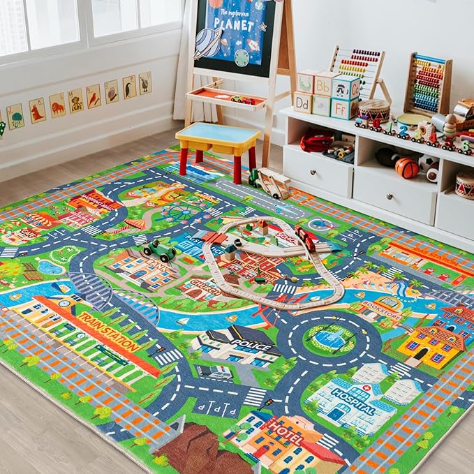 Car Rug Play Mat for Kids Toy Cars, Road Traffic Playmat for Kid Bedroom, Non-Slip Machine Washable Town City Race Track Carpet for Learn and Have Fun 7'x9'/ 84"x108"