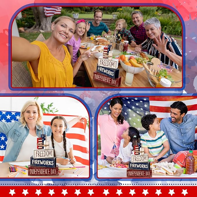 CroBlissful 4 Pcs 4th of July Decorations Patriotic Memorial Day Tabletop Decorations Red White Blue Table Centerpieces Sign for Office Tiered Tray Home Shelf 250th Anniversary(Patriotic)