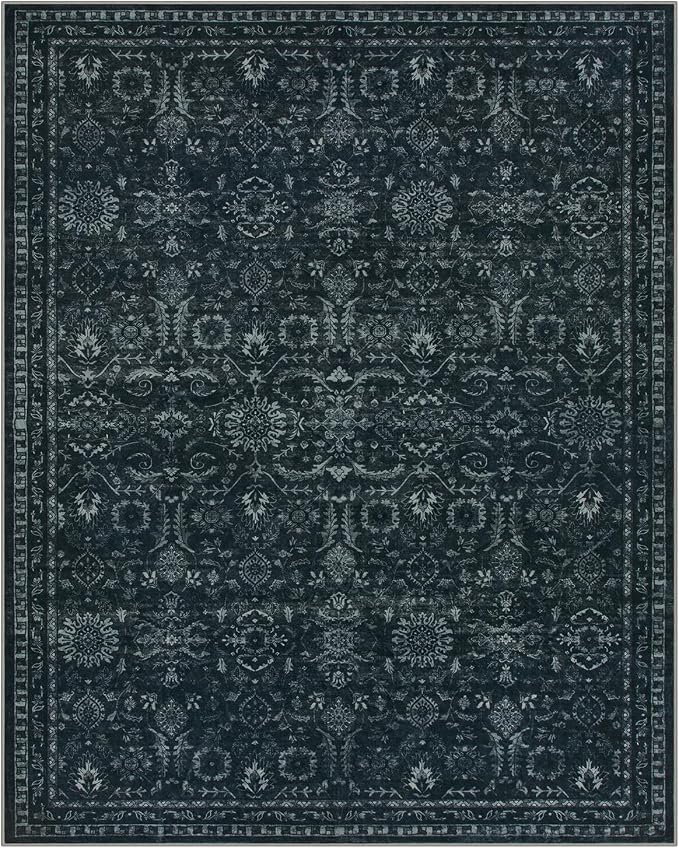 Lahome Black Moody Rug for Bedroom,8x10 Dark Academia Washable Basement Rug | Vintage Non Slip Non Shedding Large Carpet for Living Dining Room