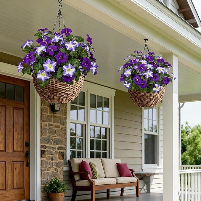 19 Inch Artificial Fake Flowers for Outdoor,4 Pcs Purple Faux Silk Petunias Spring Flowers for Outside for Indoor Porch Planter Front Door Garden Patio Window Box Home Decor