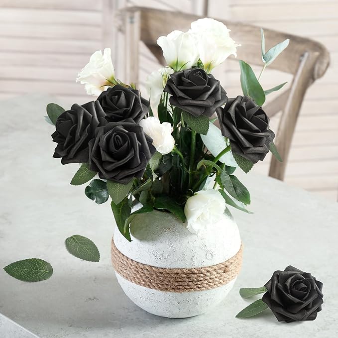 Mocoosy 50Pcs Black Roses Artificial Flowers, Fake Roses for Decorations, Real Touch Foam Rose Bulk with Stem Gothic Wedding Bouquet DIY Floral Arrangement Bridal Shower Mother's Day Party Table Decor