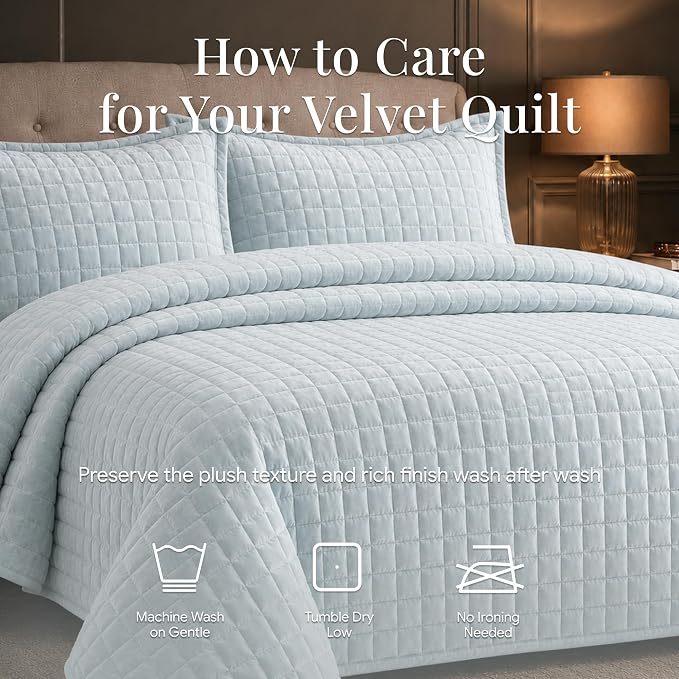 Tribeca Living Velvet Queen Quilt Set, Three-Piece Box Stitch Bedding Set Includes One Oversized Quilt & Two Sham Pillowcases, 260GSM Super Soft Velvet, Florence/Haze Blue