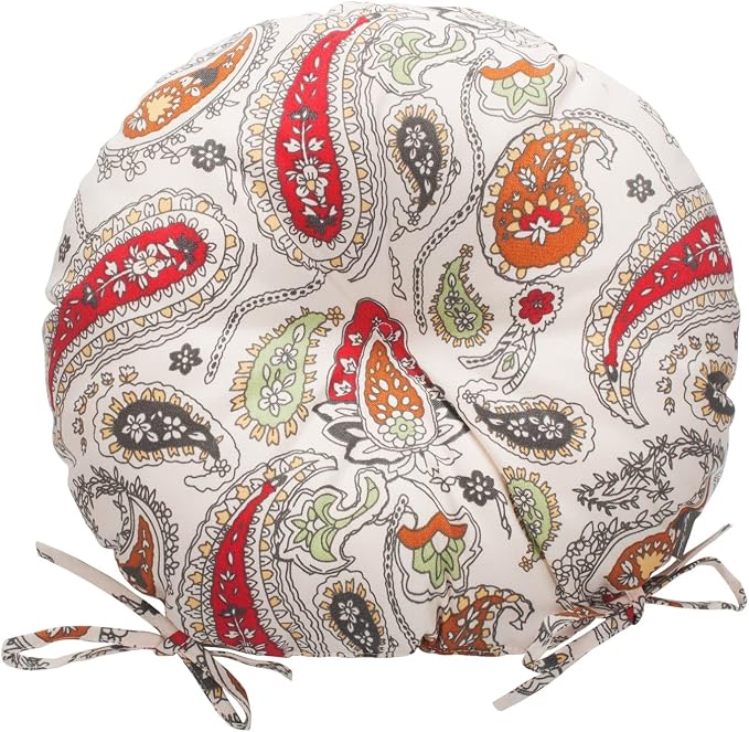 Magpie Fabrics Outdoor Round Bistro Seat Cushions with Ties, 15"x15"x4" Set of 2, Tufted Waterproof Barstool Chair Pads for Patio Home Garden Office, Paisley Beige Red