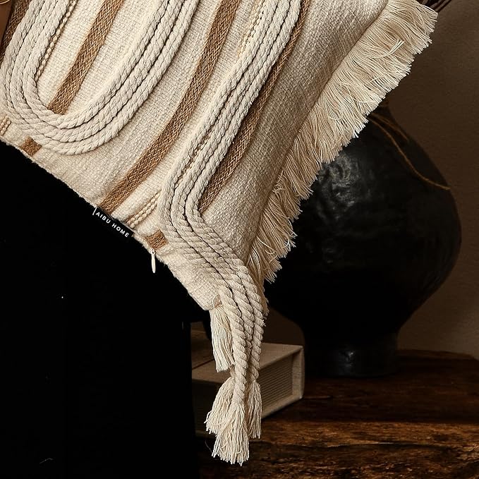 Decorative Lumbar Pillow Cover 12x28, Handwoven Boho Long Body Pillow for Bed Farmhouse Lumbar Throw Pillow, Cotton Linen Tassel Cushion Case for Sofa, Living Room, Bedroom(Beige)