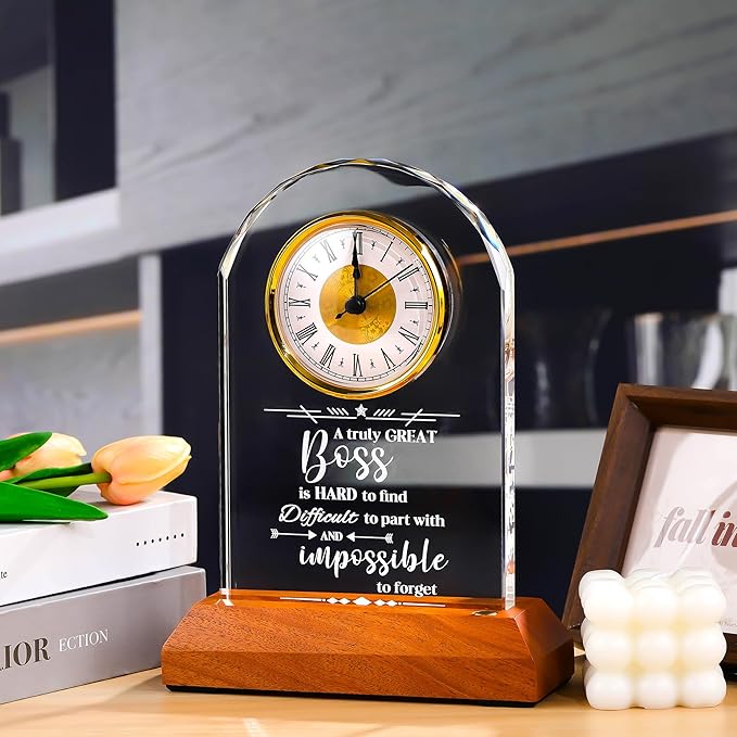 Ornalrist Boss Crystal Clock Gifts for Women, Men with Wooden LED Light Base, Boss Appreciation Gift Idea for Leader's Day, Desk Office Home Decor