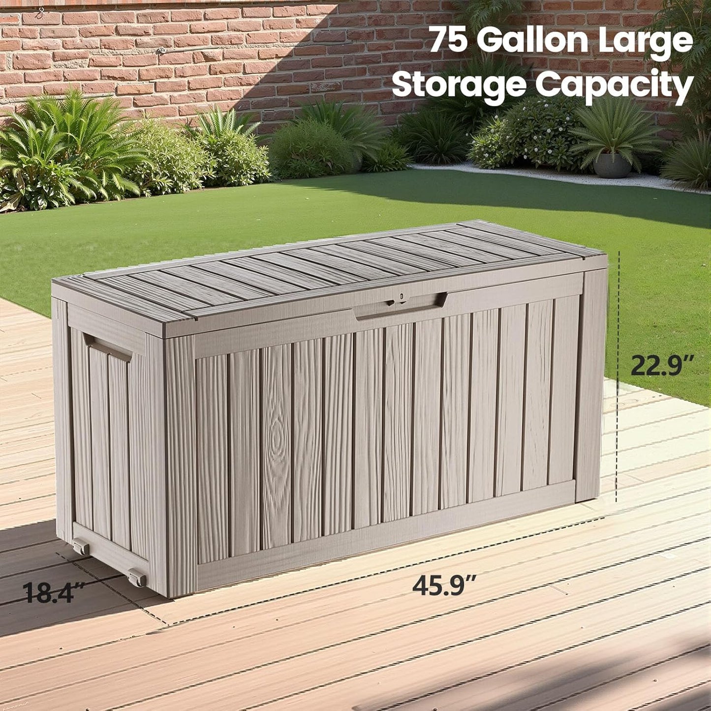 75 Gallon Outdoor Storage Box - Waterproof Resin Deck Box for Patio Cushions & Garden Tools - Lockable Indoor/Outdoor Storage Bin - Stylish Grey Design