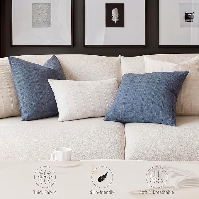 Foindtower Set of 2 Decorative Linen Check Throw Pillow Covers Neutral Farmhouse Vintage Cushion Covers Modern Boho Home Decor for Sofa Chair Couch Bedroom Living Room,16×16 Inch,Natural Beige