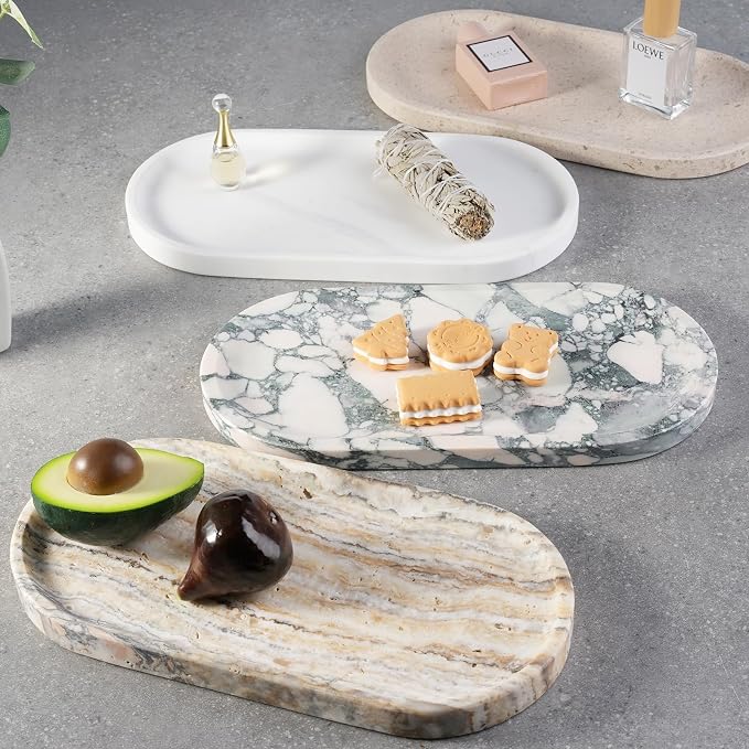 Koville Marble Vanity Tray for Decor, Natural Bathroom Tray for Bathroom Countertop, Stone Decorative Trays for Dresser Organizer, Storage Trays for Perfume, Jewelry Holder(Beige Yellow)