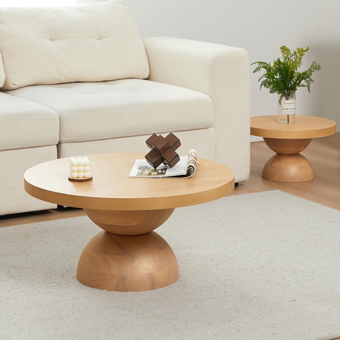 Solid Wood Round Nesting Coffee Table Set of 2, Circle Accent Tables with Unique Semi-Circular Legs, Mid Century Modern Side End Table Set for Small Space Living Room Office (Natural Oak)