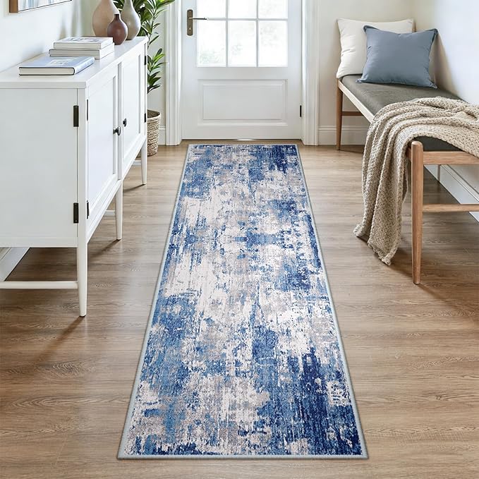 RELEANY Washable Area Rugs 2'6''x8 Non-Slip Modern Abstract Soft for Living Room Entryway Bedroom Nursery, Print Pattern, Blue Grey Navy Gray